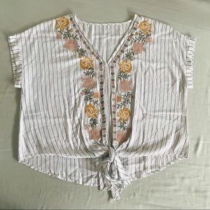 Floral V Neck Tee Baseball Stripe + Front Tie